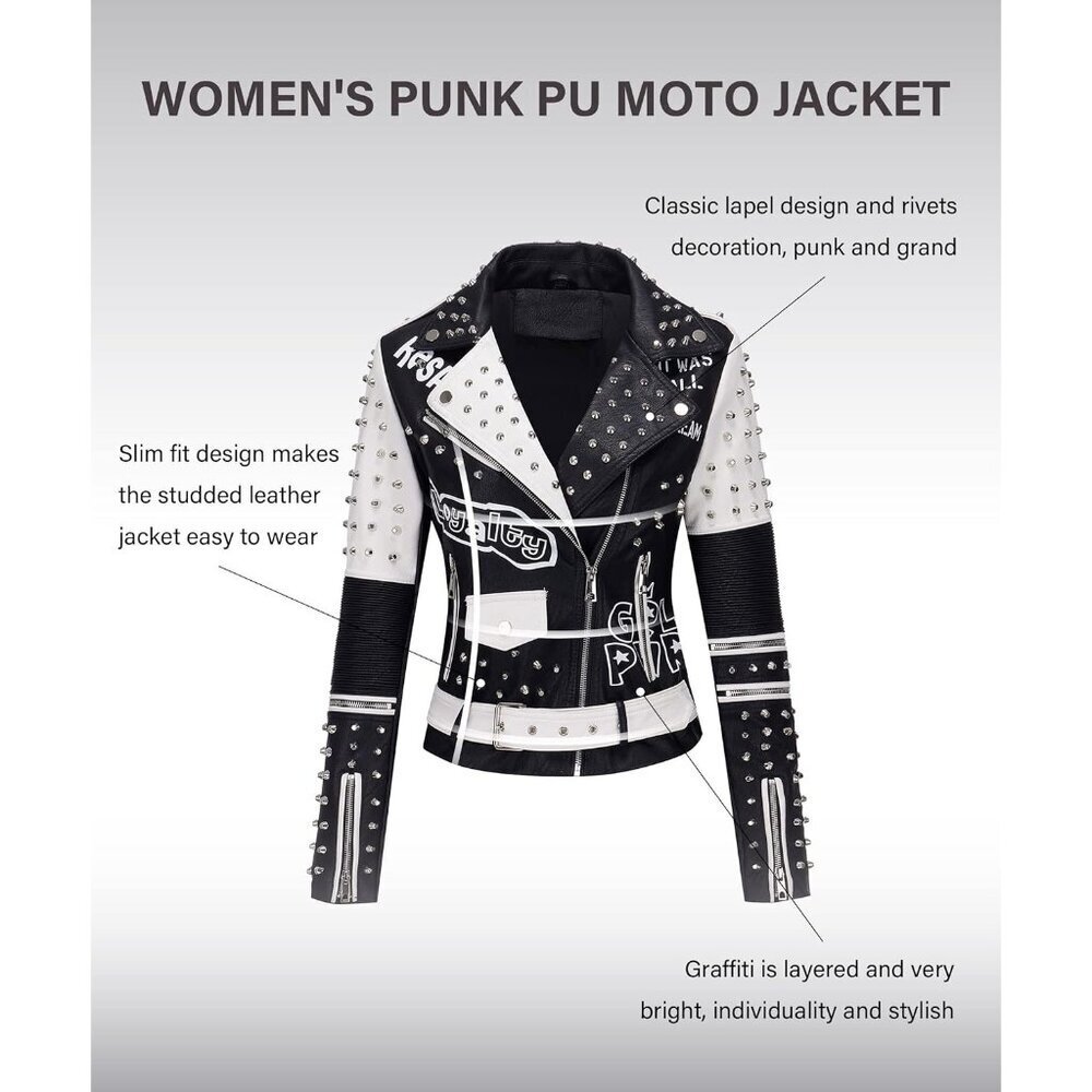 Women Black White Studded Rivet Floral Biker Short Lapel Coat Leather Jacket - Picture 3 of 6